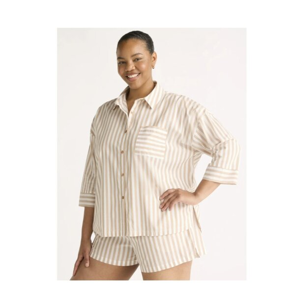 Joyspun Women’s Woven ¾ Sleeve Notch Collar Top and Boxer Shorts Pajama Set - Picture 1 of 5